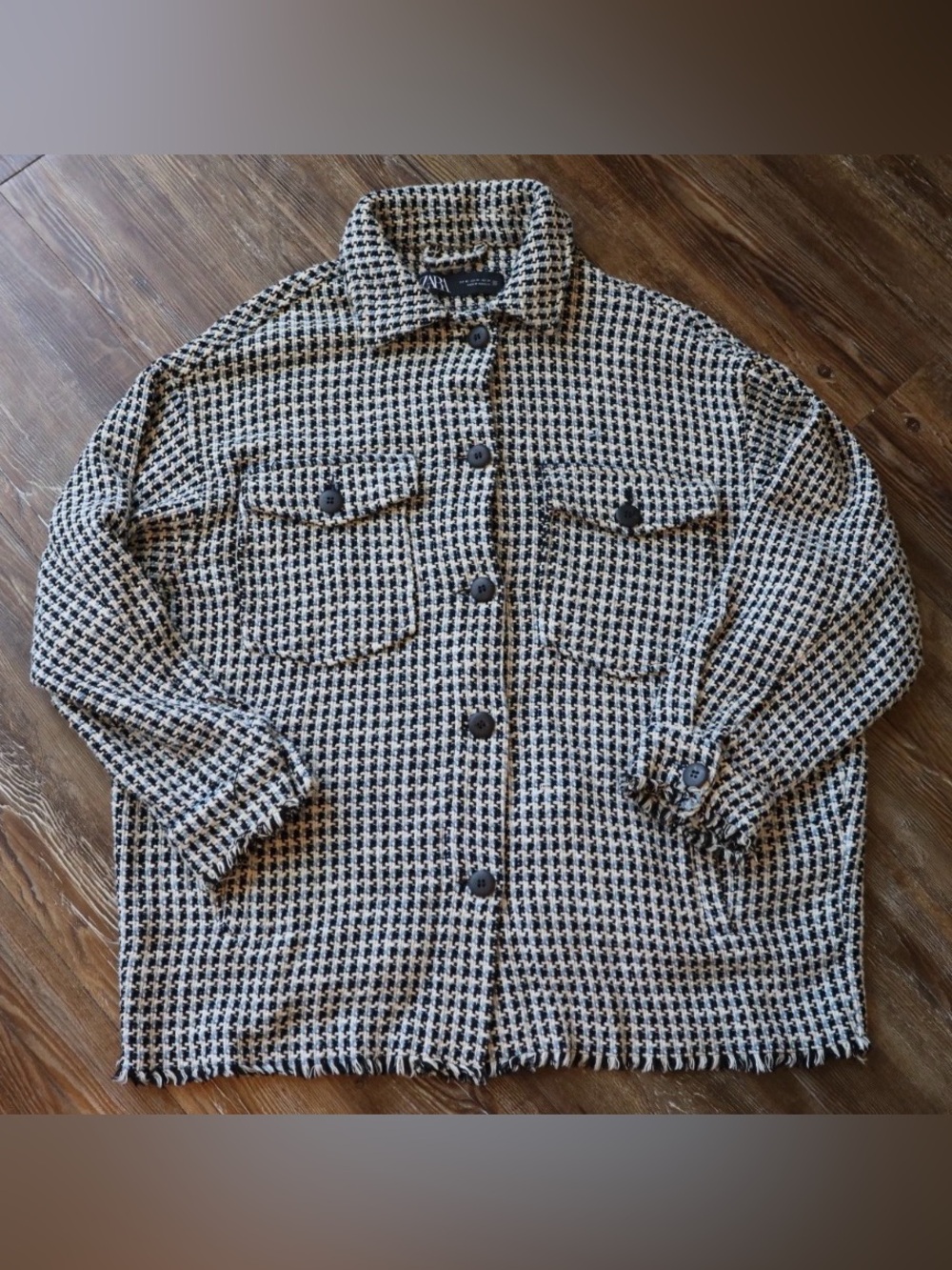 Oversized Houndstooth Knit Shirt Jacket Frayed Hem Soft Goth Womens XS